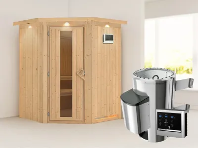 Sauna Systemsauna Nanja mit Dachkranz, Energiespartür + Plug & Play Saunaofen mit ext. Steuerung Produktbild #1