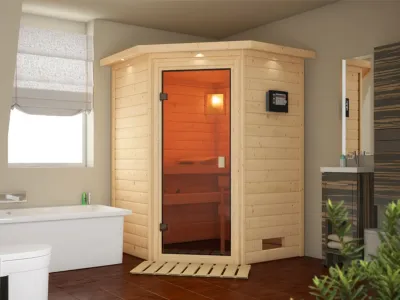 Massivholzsauna 38 mm Stefanie inkl. 6,8 kW Saunaofen Glow und ext. Steuerung Produktbild #1
