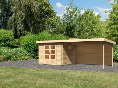 Gartenhaus Blockbohlenhaus SET Trittau 3 38 mm naturbelassen, inkl. 3 m Anbaudach + Rückwand Produktbild #1