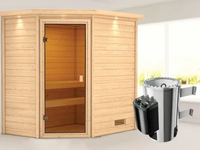 Sauna Jella mit bronzierter Glastür und Dachkranz + 3,6 kW Plug & Play Saunaofen integr. Strg. Produktbild #1