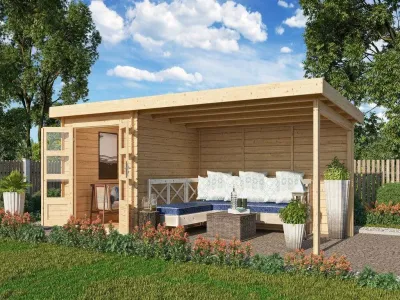 Gartenhaus Blockbohlenhaus SET Bastrup 4 28 mm naturbelassen, inkl. 4 m Anbaudach + Rückwand Produktbild #1