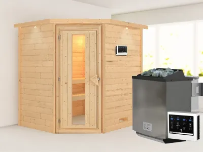 Sauna Massivholzsauna Mia mit Dachkranz, inkl. 9 kW Bio-Ofen mit externer Steuerung Produktbild #1