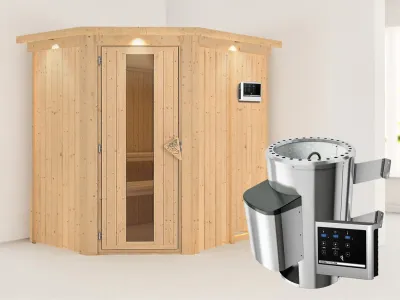 Sauna Systemsauna Saja mit Dachkranz, Energiespartür + Plug & Play Saunaofen mit ext.Strg Produktbild #1