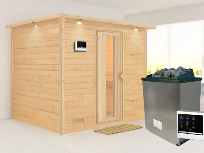 Massivholzsauna Sonara mit Dachkranz Holztür mit Isolierglas Produktbild #1