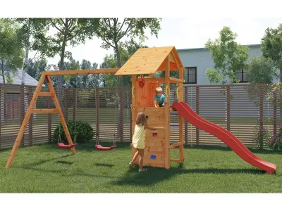 Spielturm Smart 5 teakfarben inkl. Rutsche rot Produktbild #1