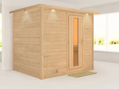 Massivholzsauna Sonara mit Dachkranz, Holztür mit Isolierglas Produktbild #1