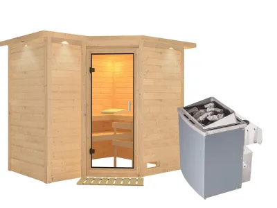 Sauna Massivholzsauna Sahib 2 mit Dachkranz, Klarglas Ganzglastür + 9 kW Saunaofen mit Steuerung Produktbild #7