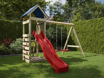 Spielturm Easy KDI inkl. Doppelschaukel inkl. Rutsche rot + Sitze rot Produktbild #1