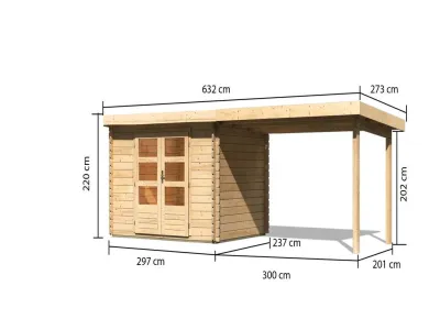 Gartenhaus Blockbohlenhaus SET Bastrup 3 28 mm naturbelassen, inkl. 3 m Anbaudach Produktbild #2