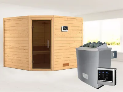 Sauna Massivholzsauna Leona graphit Ganzglastür + 9 kW Saunaofen mit ext. Strg Produktbild #1