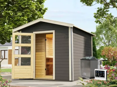 Saunahaus Bosse 1 terragrau 38 mm inkl. Bio-Kombiofen 9 kW + ext. Steuerung Produktbild #1