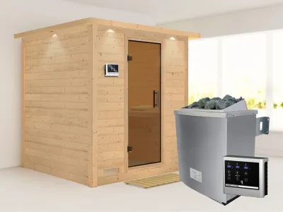 Massivholzsauna Mojave mit Dachkranz, graphit Ganzglastür, inkl. 9 kW Ofen ext. Steuerung Produktbild #1