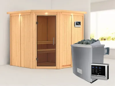 Systemsauna Jarin mit Dachkranz, graphit Ganzglastür, inkl. 9 kW Saunaofen ext. Steuerung Produktbild #1
