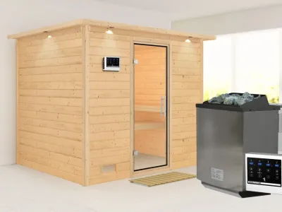 Massivholzsauna Sonara mit Dachkranz, Klarglas Ganzglastür Produktbild #2