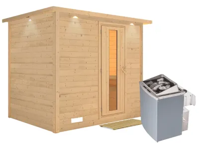 Massivholzsauna Sonara mit Dachkranz, Holztür mit Isolierglas, inkl. 9 kW Ofen integr. Steuerung Produktbild #4