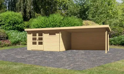 Gartenhaus Blockbohlenhaus SET Bastrup 8 28 mm naturbelassen, inkl. 4 m Anbaudach + Rückwand Produktbild #1