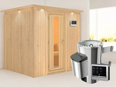 Sauna Systemsauna Daria mit Dachkranz, Energiespartür + Plug & Play Saunaofen mit ext.Strg Produktbild #1