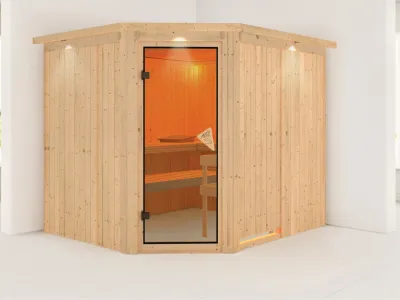 Systemsauna Malin mit Dachkranz, bronzierte Ganzglastür Produktbild #5