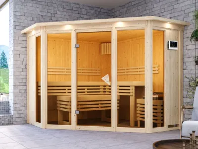 Sauna Alcinda mit bronzierter Glastür und Dachkranz + 9 kW Saunaofen ext. Strg. Produktbild #1