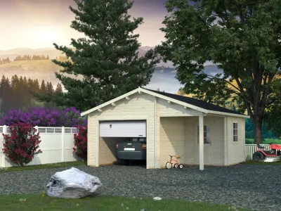 Garage Roger 21,9+5,2 m² mit Sektionaltor 44 mm transparent tauchimprägniert Produktbild #1