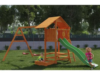 Spielturm Smart 1 teakfarben inkl. Rutsche grün Produktbild #1