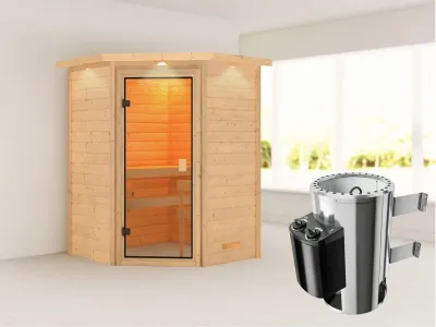 Sauna Antonia mit bronzierter Glastür und Dachkranz + 3,6 kW Plug & Play Saunaofen integr. Strg. Produktbild #1