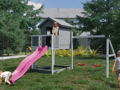 Spielturm Stelzenhaus Galaxy S inkl. Doppelschaukel grau/weiß + Rutsche pink Produktbild #1