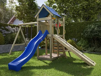 Spielturm Hefty KDI inkl. Doppelschaukel inkl. Rutsche blau + Nestschaukel Produktbild #1