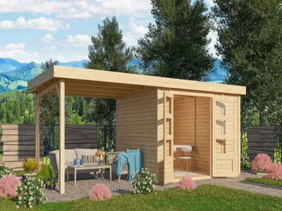 Gartenhaus SET Retola 4 19 mm naturbelassen, inkl. 2,8 m Anbaudach + Anbauschrank Produktbild #1