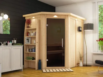 Sauna Systemsauna Saja mit Dachkranz, graphit Ganzglastür + Plug & Play Bio-Ofen mit ext. Strg. Produktbild #1