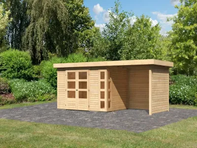Gartenhaus SET Kerko 4 19 mm naturbelassen, inkl. 2,4 m Anbaudach + Seiten- und Rückwand Produktbild #1