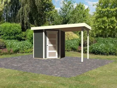 Gartenhaus SET Schwandorf 3 19 mm terragrau, inkl. 2,4 m Anbaudach Produktbild #1