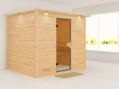 Massivholzsauna Sonara mit Dachkranz bronzierte Ganzglastür Produktbild #1