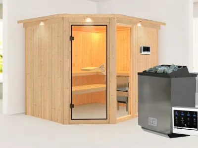 Sauna Systemsauna Fiona 3 mit Dachkranz, inkl. 9 kW Bio-Kombiofen ext. Steuerung Produktbild #2