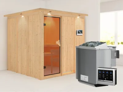 Systemsauna Rodin mit Dachkranz, bronzierte Ganzglastür, inkl. 9 kW Bio-Kombiofen ext. Steuerung Produktbild #6