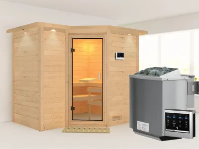 Sauna Massivholzsauna Sahib 2 mit Dachkranz, Klarglas Ganzglastür + 9 kW Bio-Kombiofen mit ext.Strg Produktbild #1