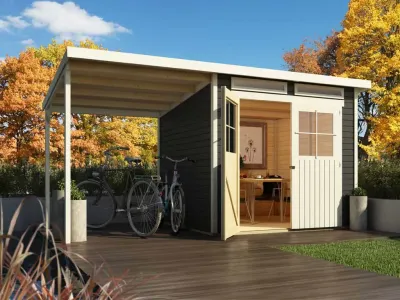 Gartenhaus Glücksberg 4 19 mm terragrau inkl. 190 cm Anbaudach Produktbild #1