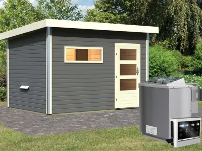 Saunahaus Skrollan 2 Grau mit Klarglastür & Vorraum, inkl. 9 kW Bio-Kombiofen mit ext. Steuerung Produktbild #4