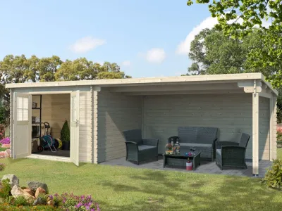 Gartenhaus Blockbohlenhaus CA2978 28 mm naturbelassen mit 4 m Anbau Produktbild #2