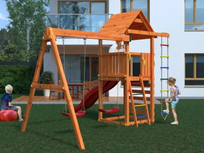 Spielturm Bento B teakfarben inkl. Rutsche rot Produktbild #3