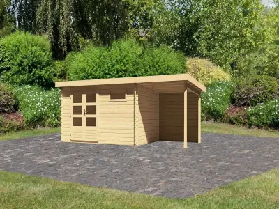Gartenhaus Blockbohlenhaus SET Bastrup 8 28 mm naturbelassen, inkl. 2 m Anbaudach + Rückwand Produktbild #1