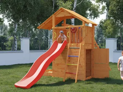 Spielturm Smart 7 teakfarben inkl. Rutsche rot Produktbild #2