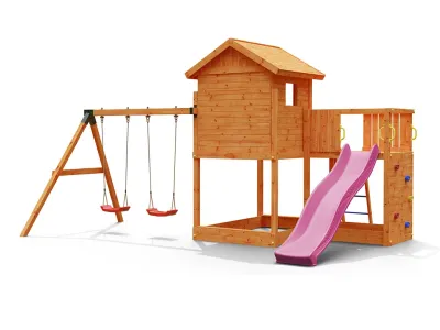 Spielturm Galaxy L inkl. Doppelschaukel teakfarben + Rutsche pink Produktbild #6