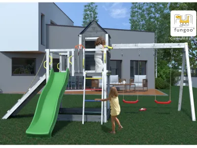 Spielturm Treehouse grau-weiß inkl. Doppelschaukel + Rutsche Produktbild #5