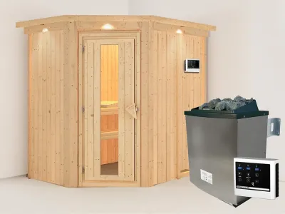 Sauna Systemsauna Carin mit Dachkranz, inkl. 9 kW Ofen mit externer Steuerung Produktbild #1