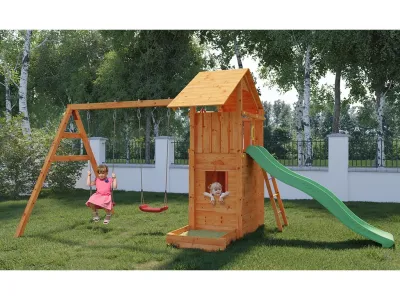 Spielturm Smart 7 teakfarben inkl. Rutsche grün Produktbild #3