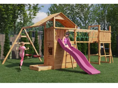 Spielturm Smart 7 Bridge teakfarben inkl. Rutsche pink Produktbild #1