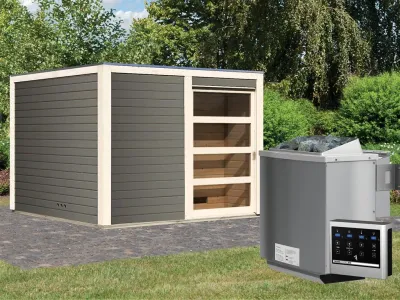 Saunahaus Cuben 38 mm terragrau inkl. 9 kW Bio-Kombiofen ext. Steuerung Produktbild #1