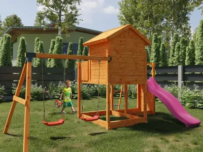 Spielturm Galaxy L inkl. Doppelschaukel teakfarben + Rutsche pink Produktbild #3