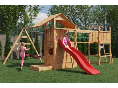 Spielturm Smart 7 Bridge teakfarben inkl. Rutsche rot Produktbild #1